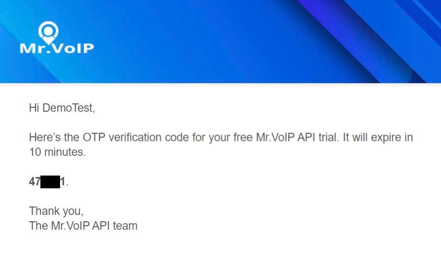 Email from the Mr.VoIP API team containing the one-time verification code for your free API trial, which expires in 10 minutes