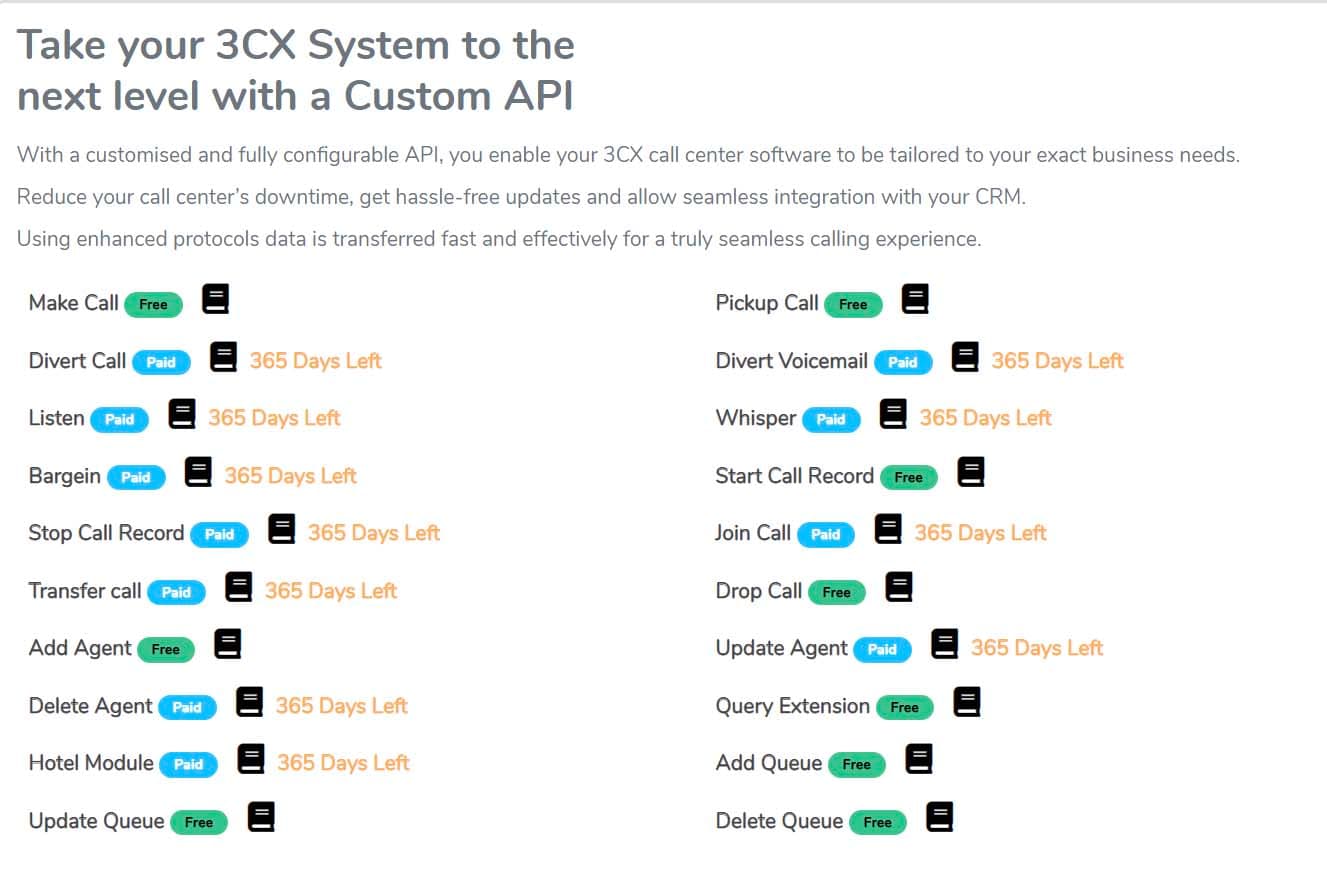 API list showing which APIs are free and which are paid, with the days left until each paid API expires