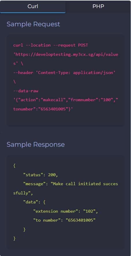 Generated cURL sample request and sample JSON response for the Make Call API, with Curl and PHP tabs