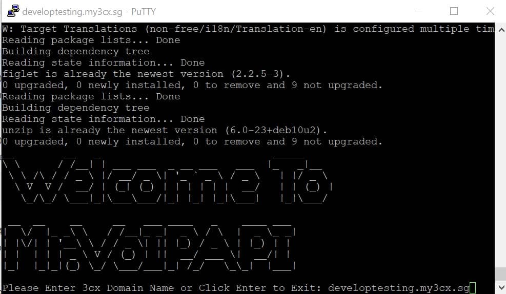 PuTTY installer prompting for the 3CX domain name, with the FQDN typed in