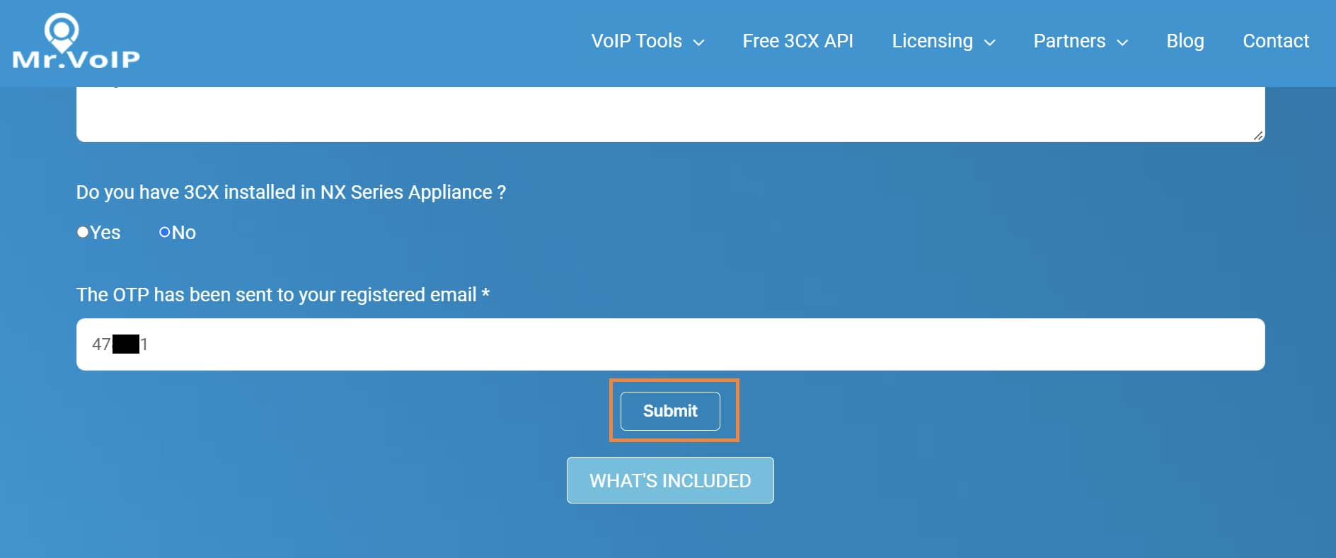 Registration form with the OTP field filled in and the Submit button highlighted