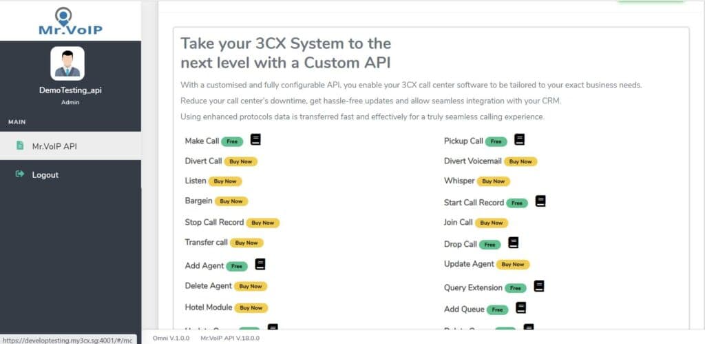 Mr.VoIP API page in Omni Channel listing each API with a Free or Buy Now label