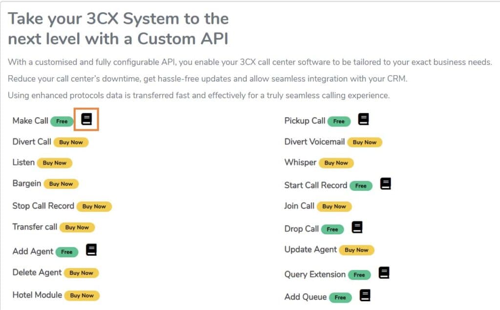 List of available APIs with the knowledge-base book icon next to Make Call highlighted