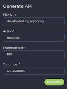 Generate API form with the PBX URL, action, from number and to number filled in