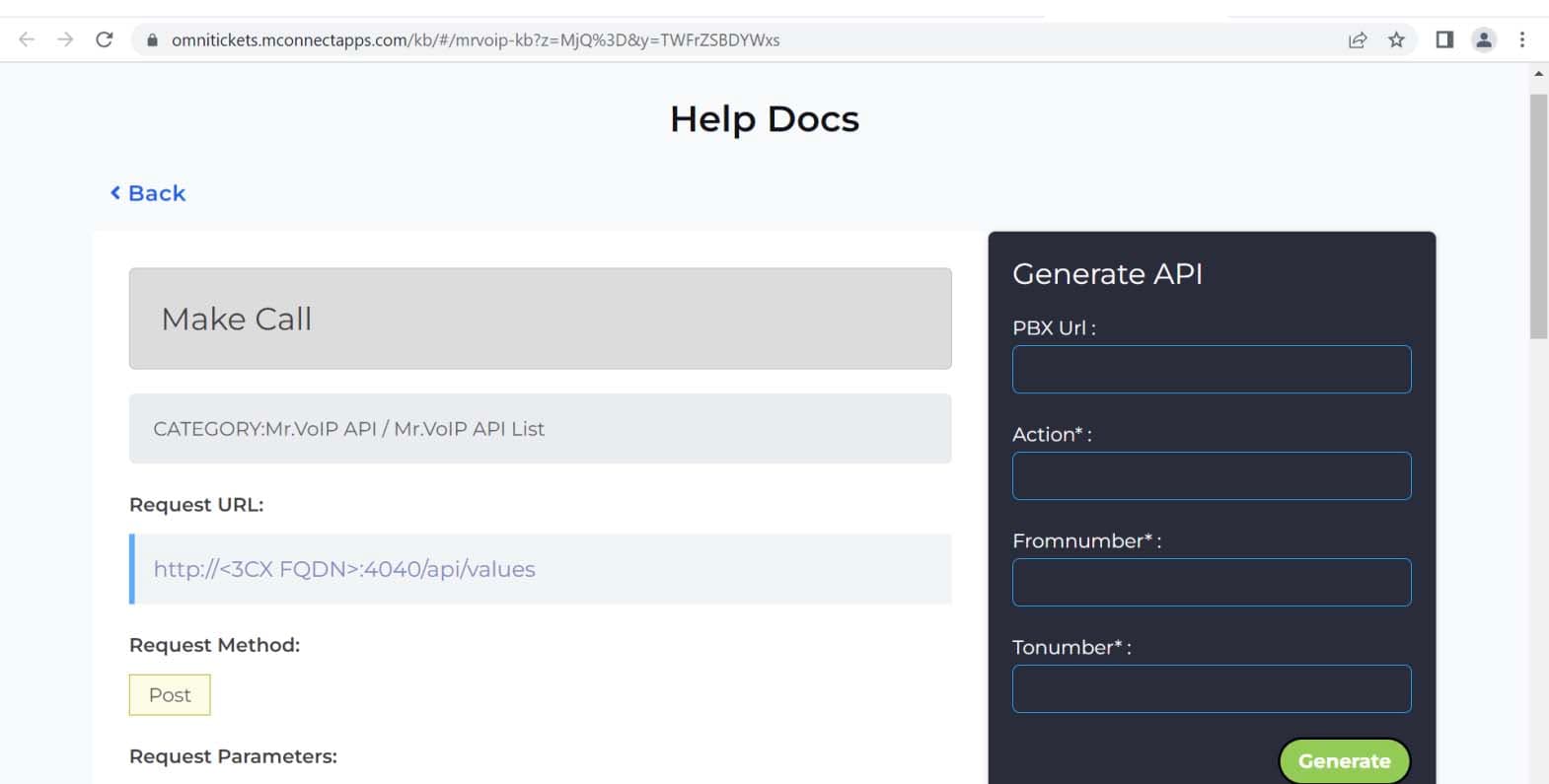 Help Docs knowledge-base article for the Make Call API, showing the request URL, request method and a Generate API panel