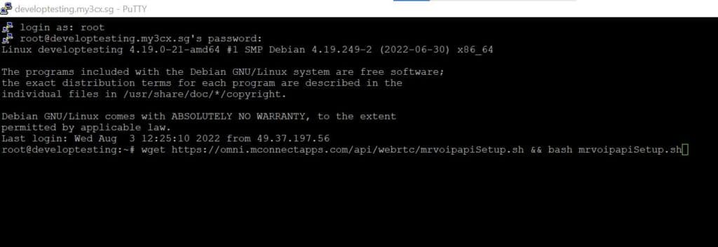 PuTTY terminal logged in as root with the command wget https://omni.mconnectapps.com/api/webrtc/mrvoipapiSetup.sh && bash mrvoipapiSetup.sh typed at the prompt
