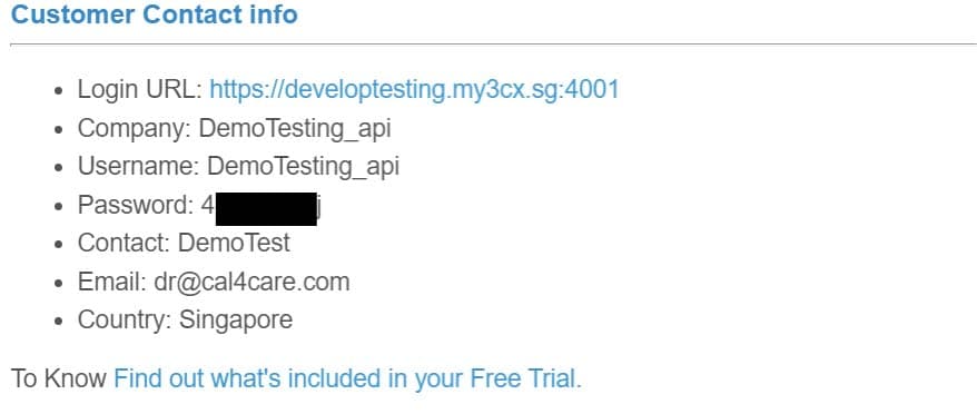 Customer contact information from the welcome email: login URL, company, username, masked password, contact, email and country