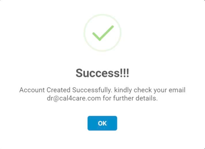 Success pop-up confirming the account was created and asking you to check your email for further details