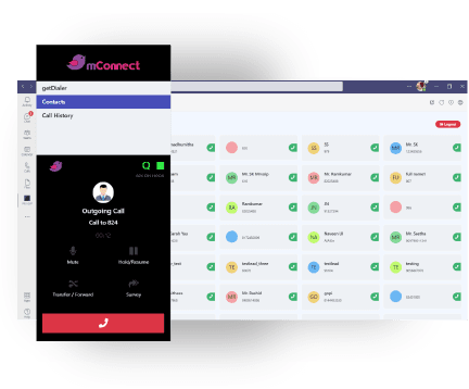 The mConnect dialer panel open inside Microsoft Teams, showing an outgoing call with mute, hold/resume, transfer and survey controls next to a contact list
