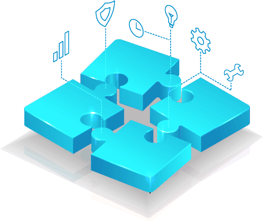 Illustration of four connected puzzle pieces representing a customizable partner solution