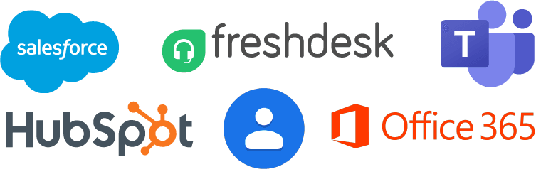 Logos of supported CRMs: Salesforce, Freshdesk, Microsoft Teams, HubSpot, and Office 365